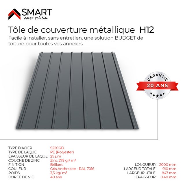Tôle bac acier - Toiture - Couverture - plaque H12 Coloris Gris Anthracite RAL 7016 Dimensions 2000x910x0.40 mm