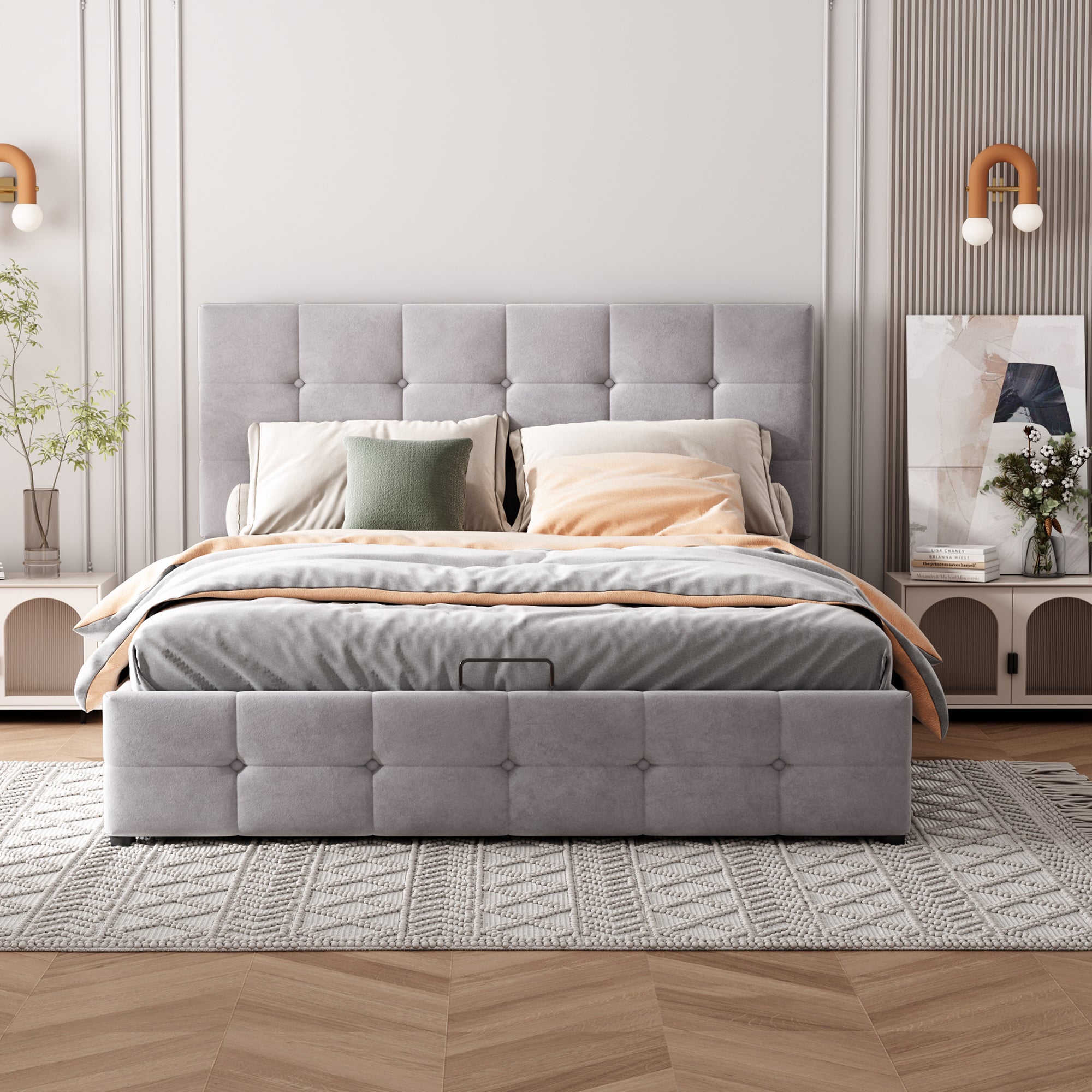 Łóżko z tapicerowanym stelażem - 140x200cm - materiał welurowy - regulowane wezgłowie w wzór blokowy - Szary