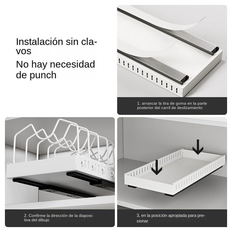 Estante para utensilios de cocina con tirador – Estante ajustable para ollas, tapas y platos,organizador de cocina extraíble para armarios y encimeras - 4