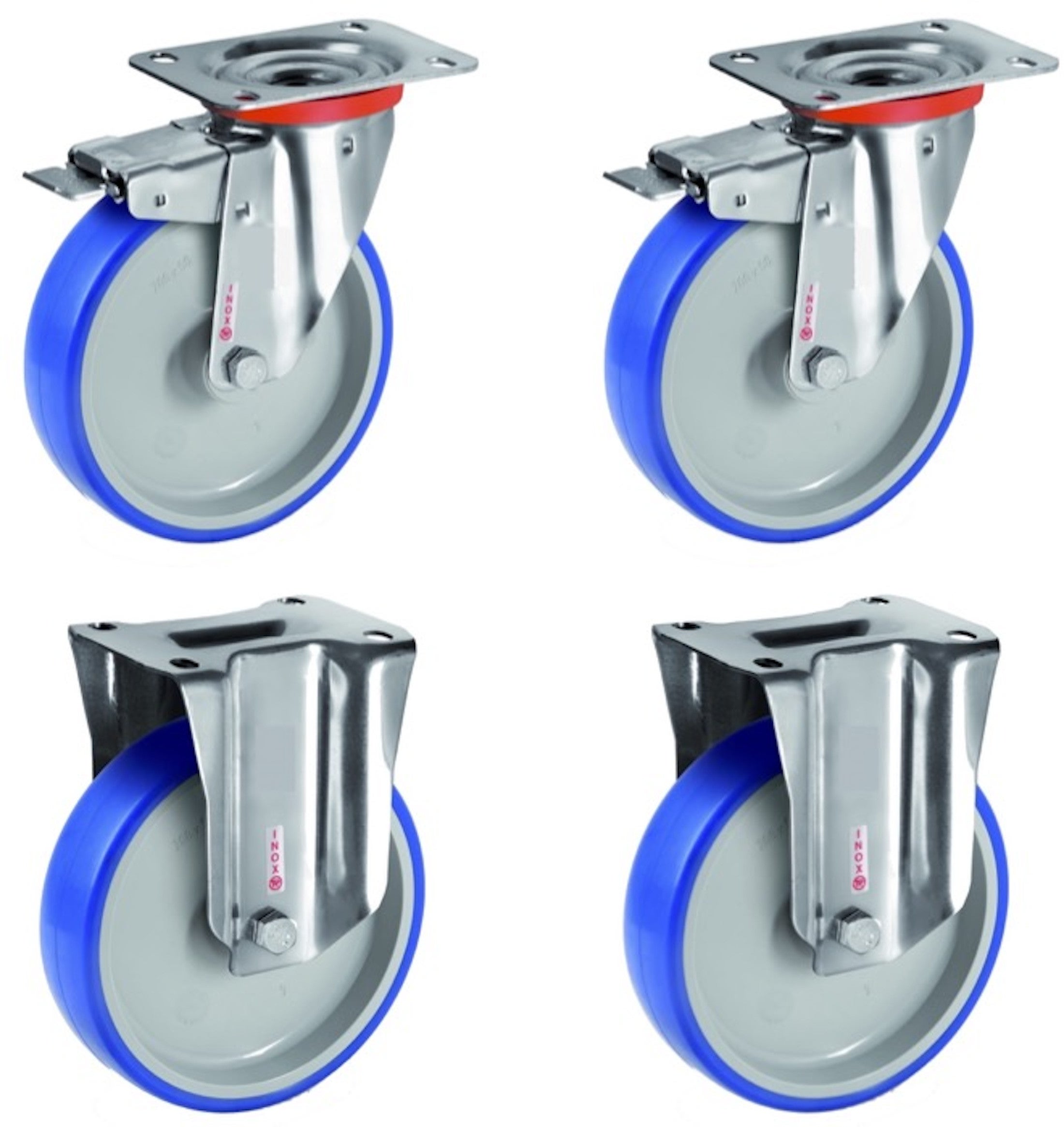 Lot De 4 Roulettes Pivotantes & Fixes EASYROLL Bleu 100 Mm - Charge Totale 540 Kg Caoutchouc Non Tachant