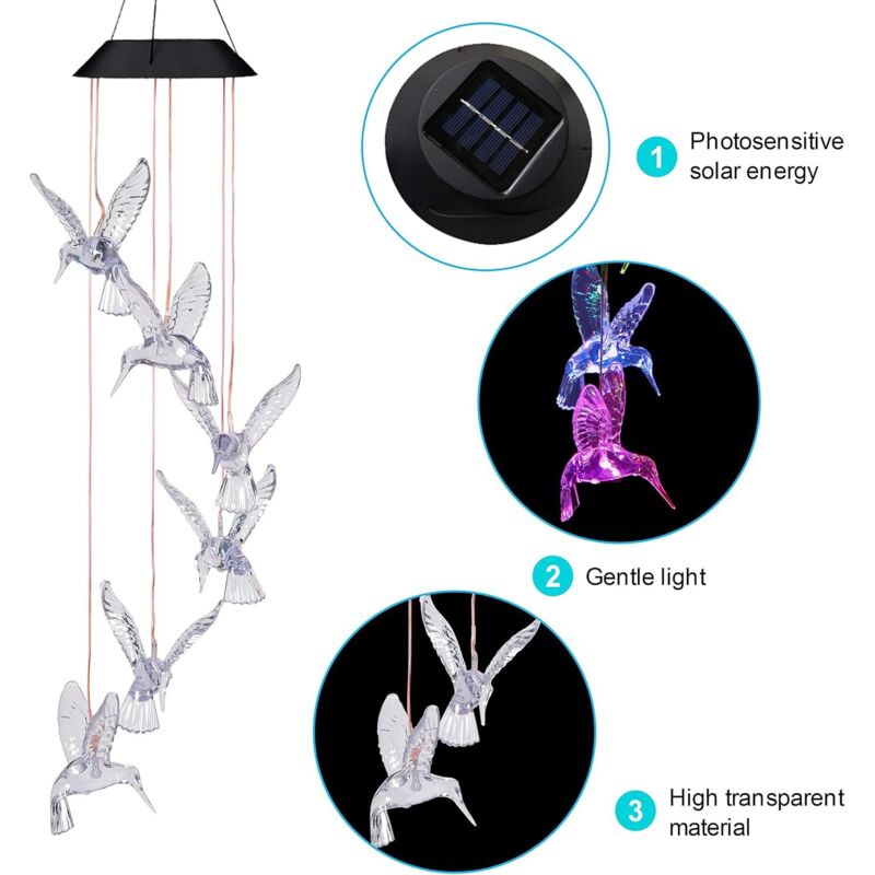 Clopoțel solar de exterior în formă de colibri, mobil solar cu LED în formă de colibri, impermeabil, își schimbă culoarea, cadou romantic pentru mama