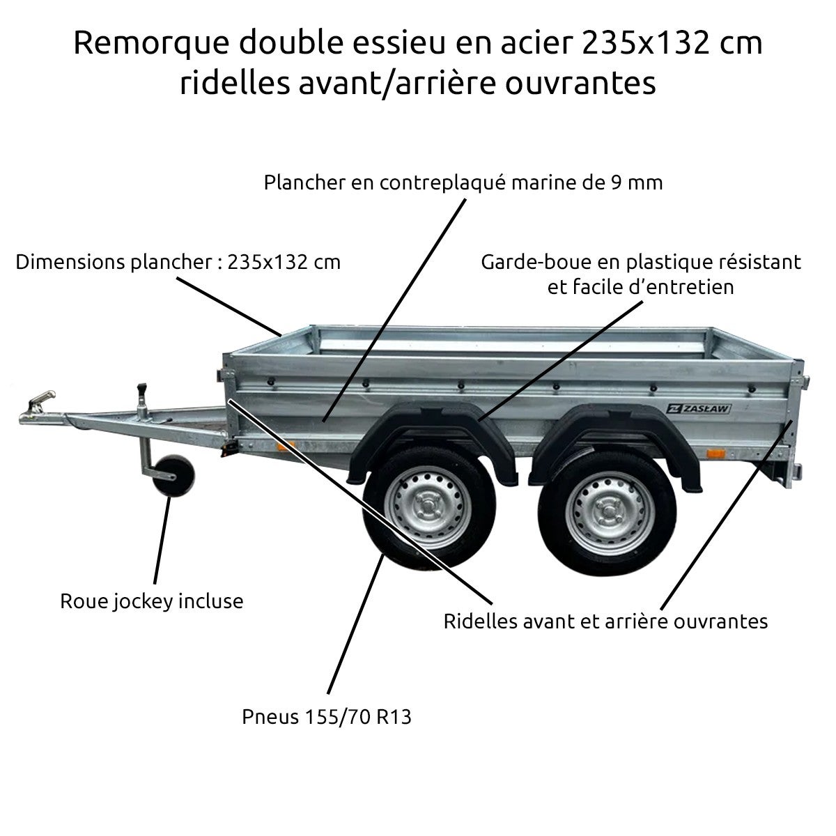 Remorque double essieu en acier 235 cm ridelles avant/arrière ouvrantes 235T - 2