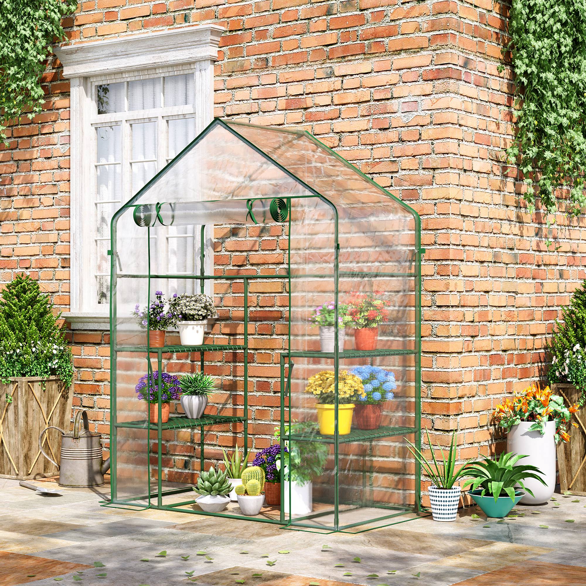 Serre de jardin avec 4 étagères en acier, fabriquées en PVC haute densité (140 g/m²), résistant aux UV, vert transparent. - 4