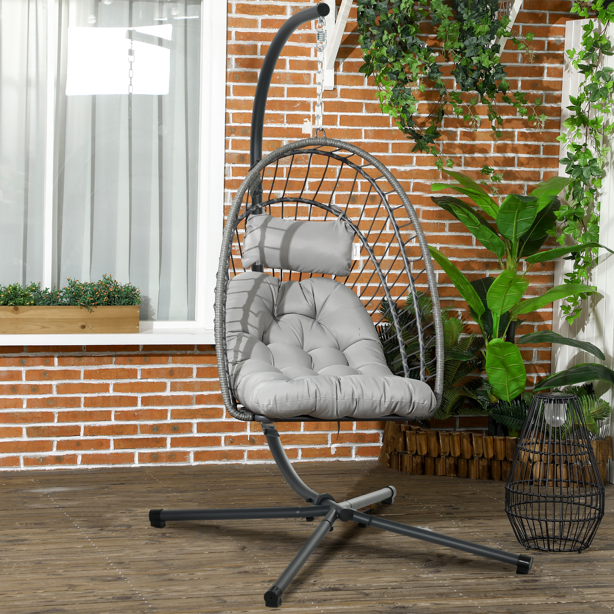 Outsunny Poltrona Sospesa in Rattan PE con Cuscino, Seduta