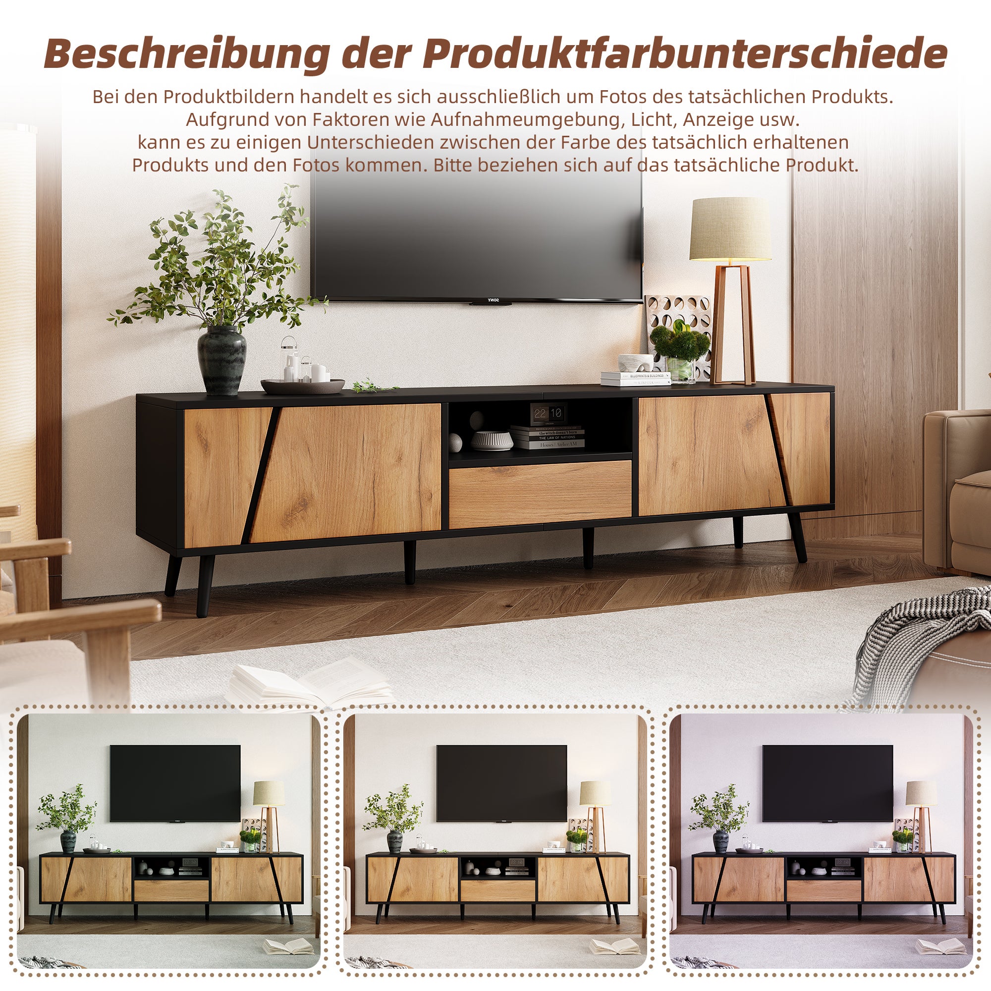 Mobile TV con 2 ante e 1 cassetto - 180 x 40 x 46 cm - Pannello truciolare e gambe in legno massello - Nero e naturale - 4