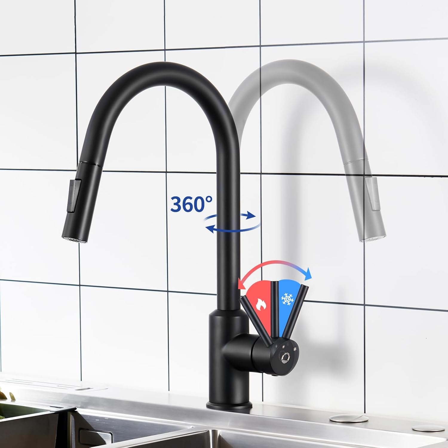 Robinet de Cuisine Professionnel Extensible - Noir Moderne, 2 Jets et Rotation 360° - Installation Facile - 4