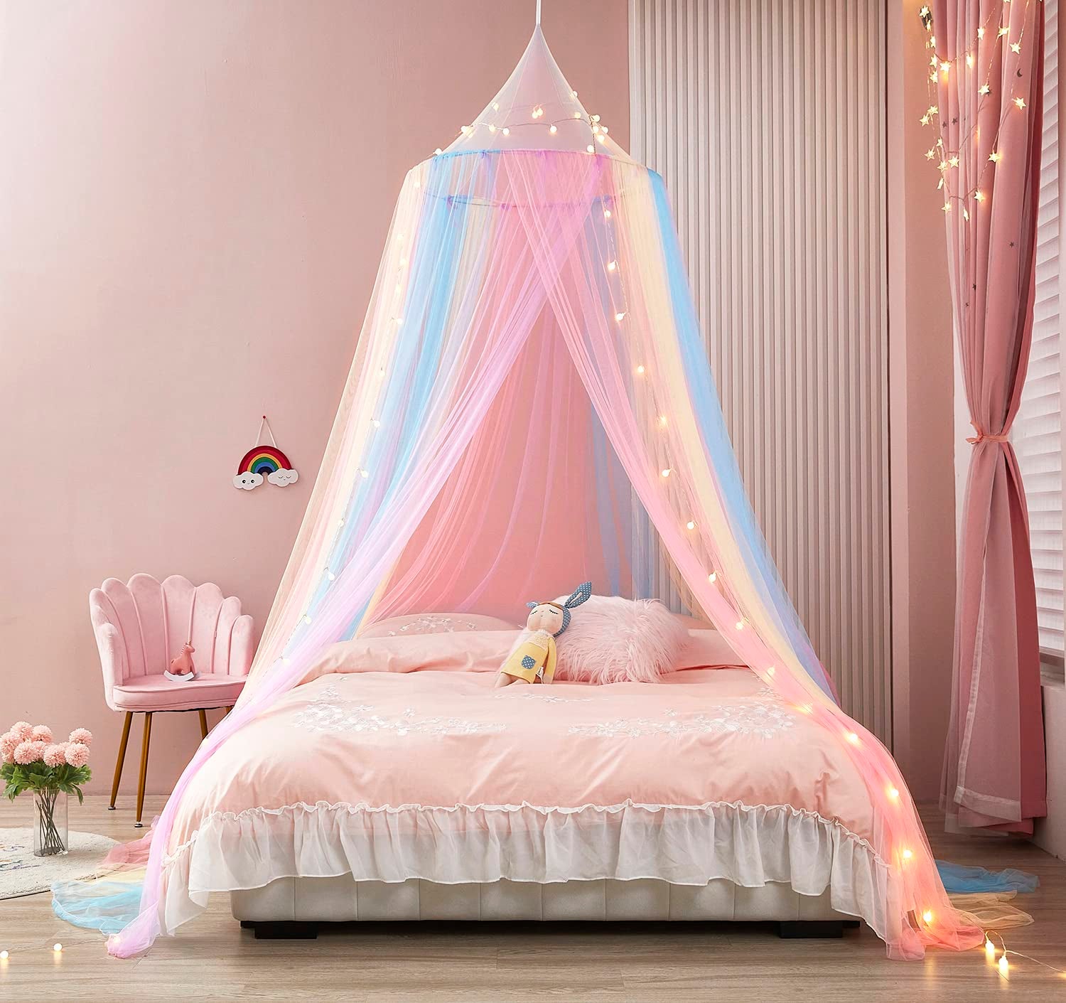 Dosel de cama arcoíris - dosel de cama princesa, decoración de la habitación de red, dosel de cama de techo, cortina de cama para niños