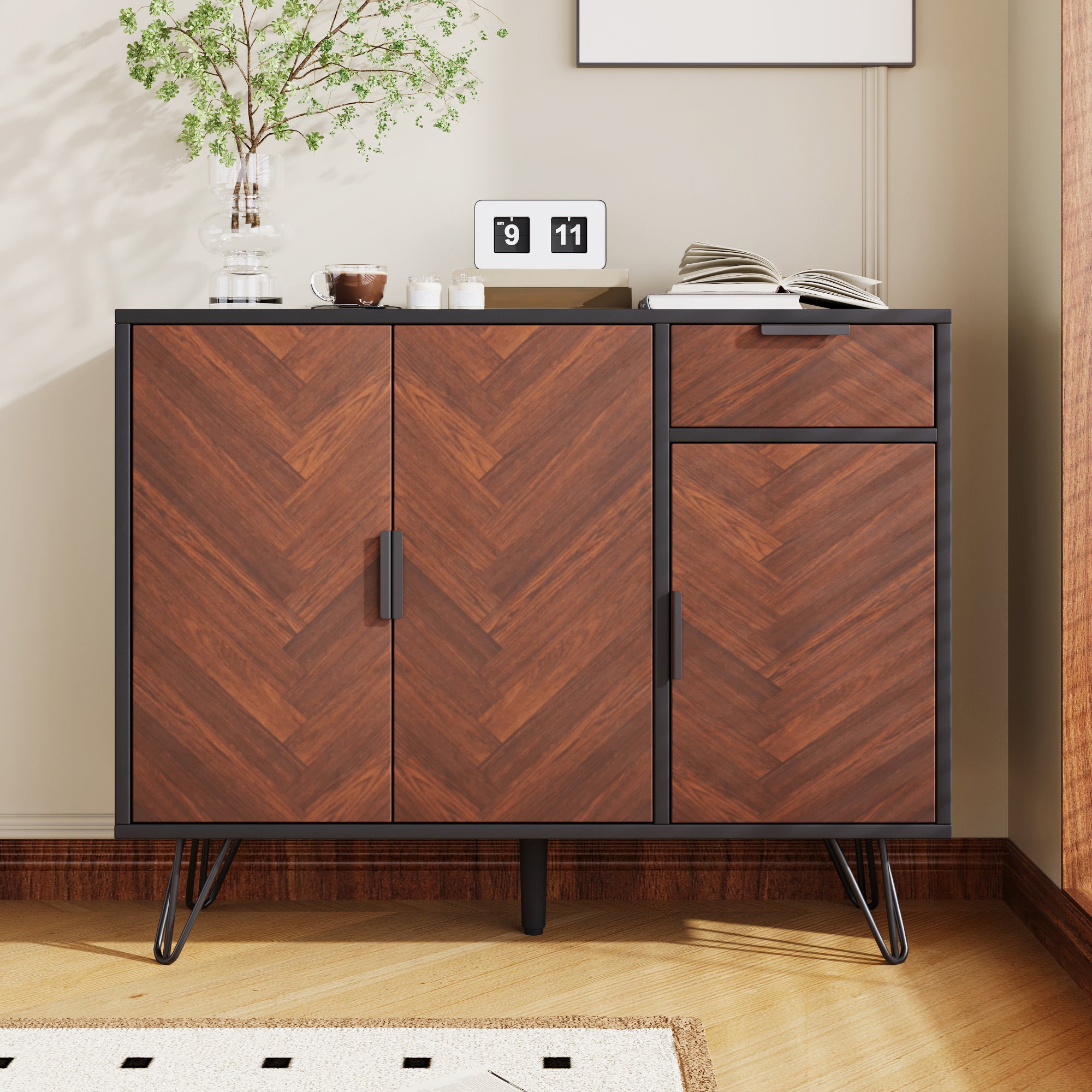 Komoda z 3 drzwiami i 1 szufladą - 90 x 30 x 71,5 cm - regulowane półki - płyta MDF i płyta wiórowa - kolor czarny i drewno