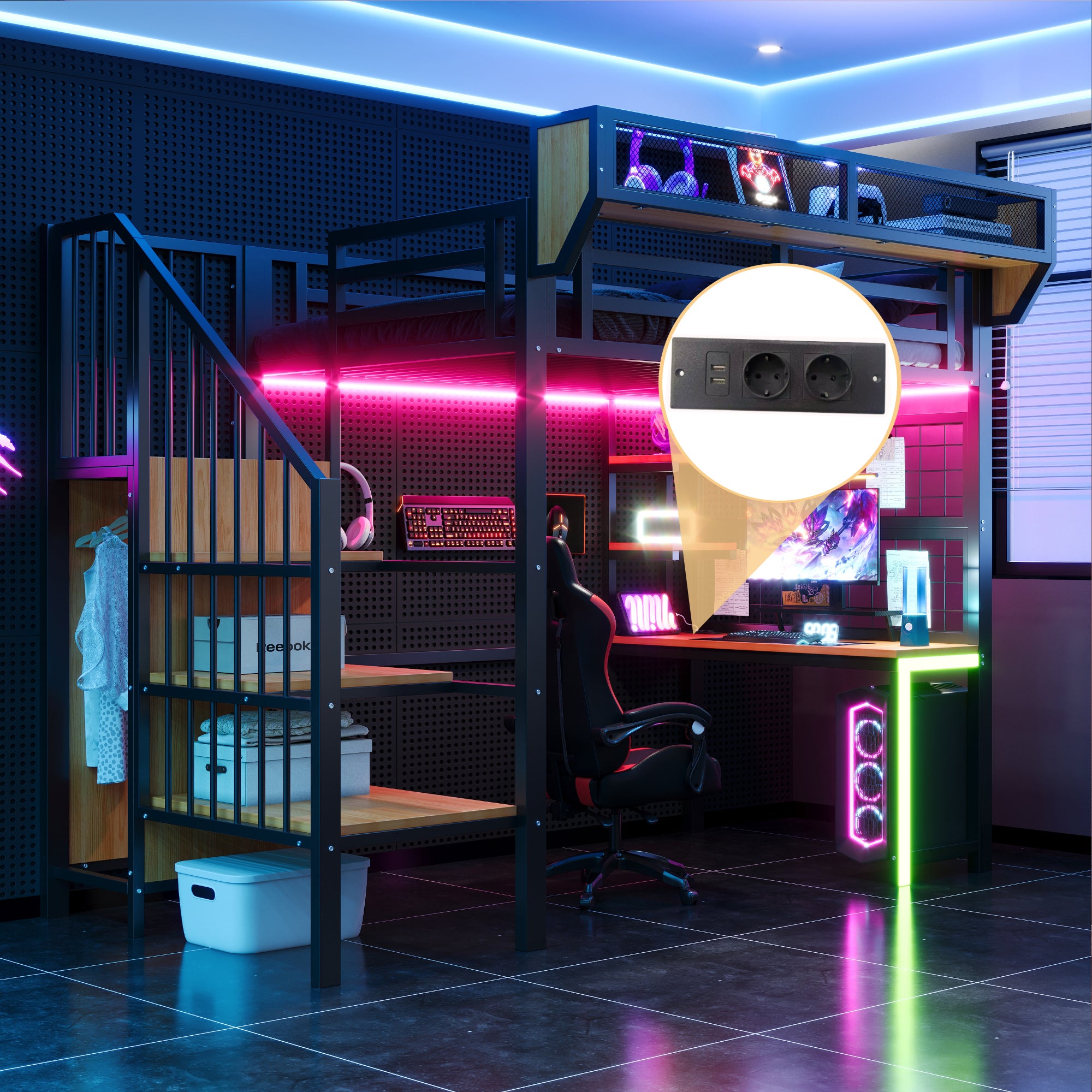 Lit Mezzanine en Métal 90x200 cm avec Bureau, Armoire et Échelle de Rangement, Lit superposé avec LED et Prises, Lit enfant Noir, Sans matelas - 6