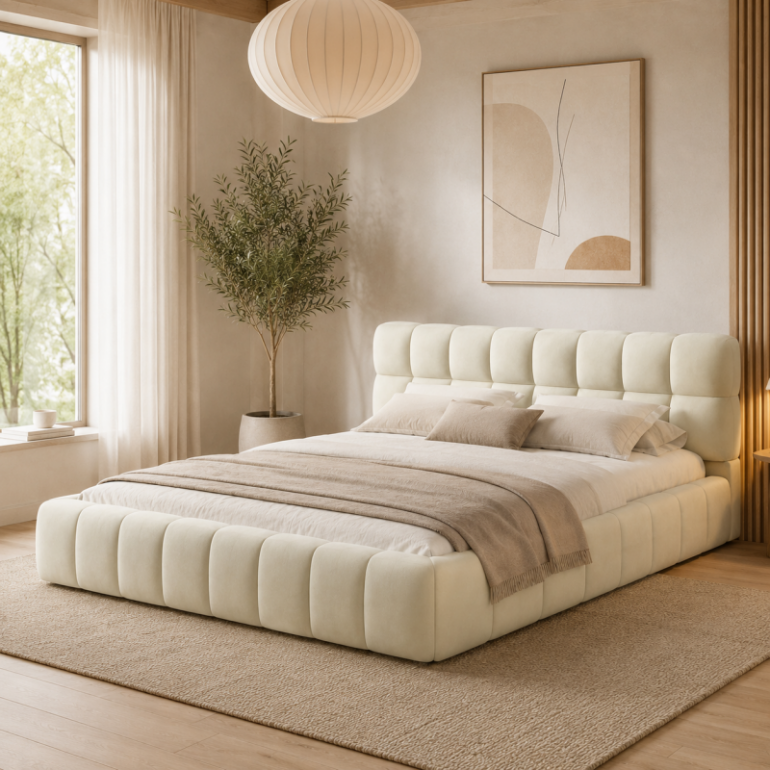 lit bubble 140x190, cadre de lit pour adulte, lit deux personnes, lit double, Lit rembourré 2 places en lin, beige, sans matelas - 2