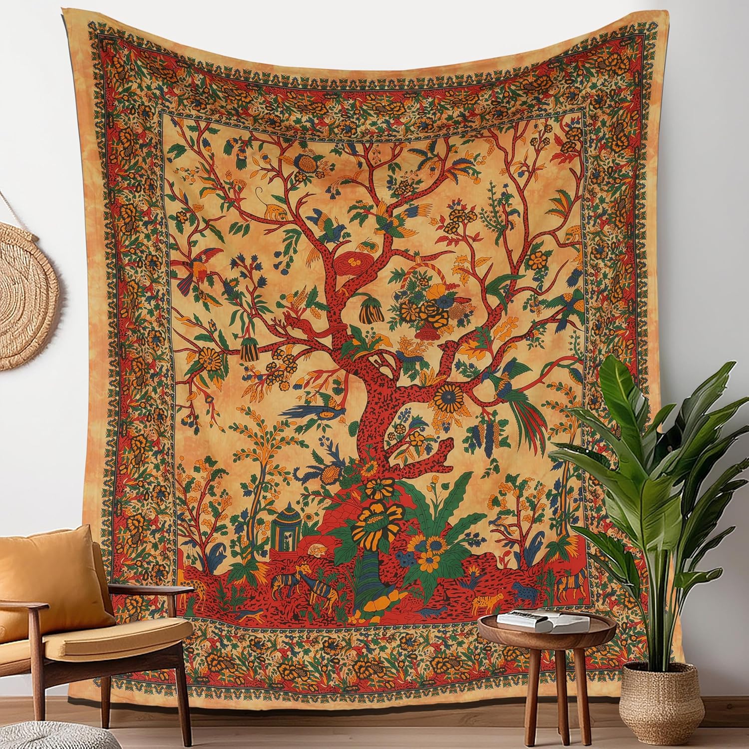 Żółta Indyjska Gobelin z Drzewem Tkanina na Ścianę Gobelin Makata Ścienna Tapestry w Stylu Boho do Dekoracji Domu Salonu i Sypialni x cm