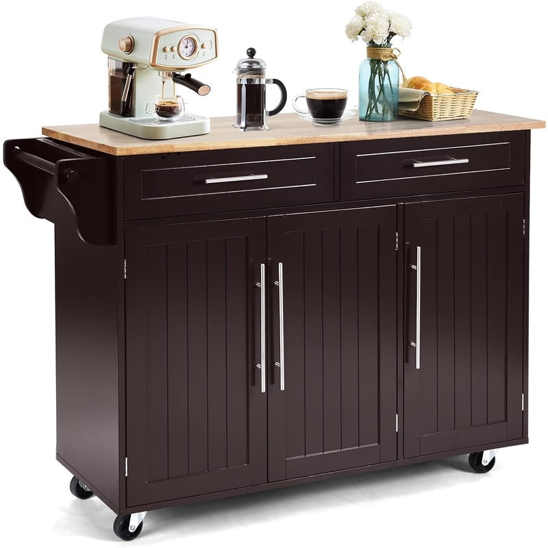Wózek kuchenny na kółkach, wózek do serwowania, wózek kuchenny z szufladami,wyspa kuchenna, szafka kuchenna z blatem roboczym (brązowy)