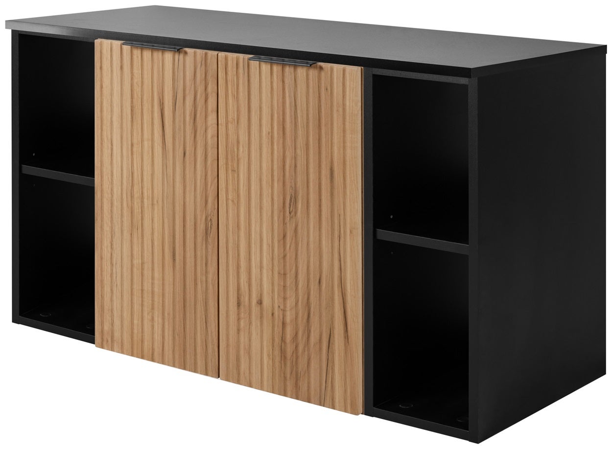 Zestaw łazienkowy FLOW 120 cm dąb craft złoty z czarnymi regałami ryflowany front