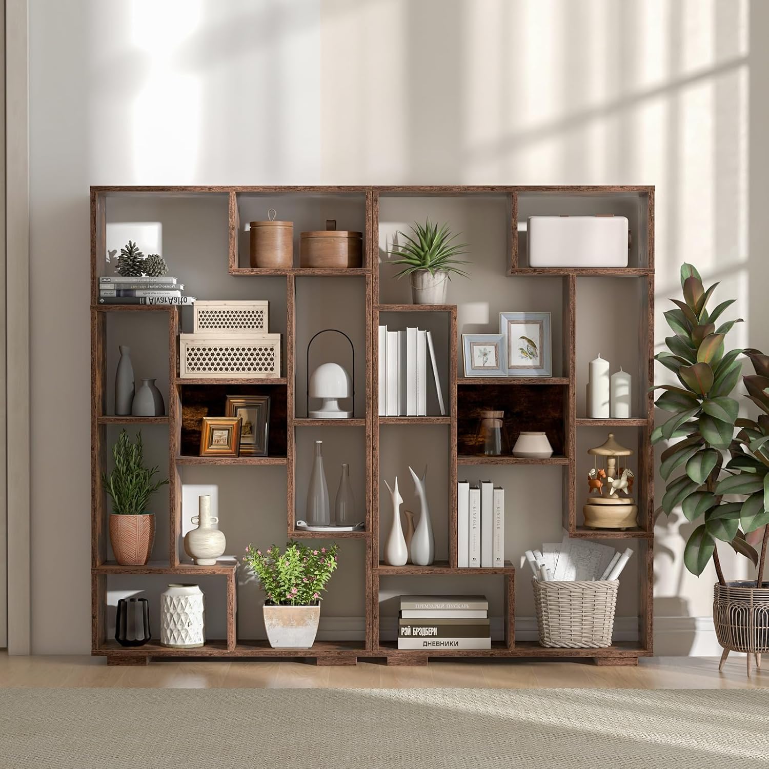 Bibliothèque Meuble de Rangement, Étagère Bureau en Bois pour Salon 70 x 20 x 120 CM, 9 Étagère Cube Ouverte, Kit Anti-basculement (Café) - 2