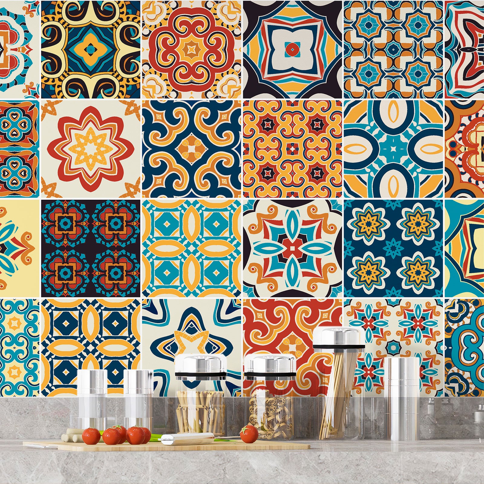 Crédence adhésive sticker décoratif pour cuisine - Effet carreaux de ciment - Adhésif MAT - 60x120 cm - 4
