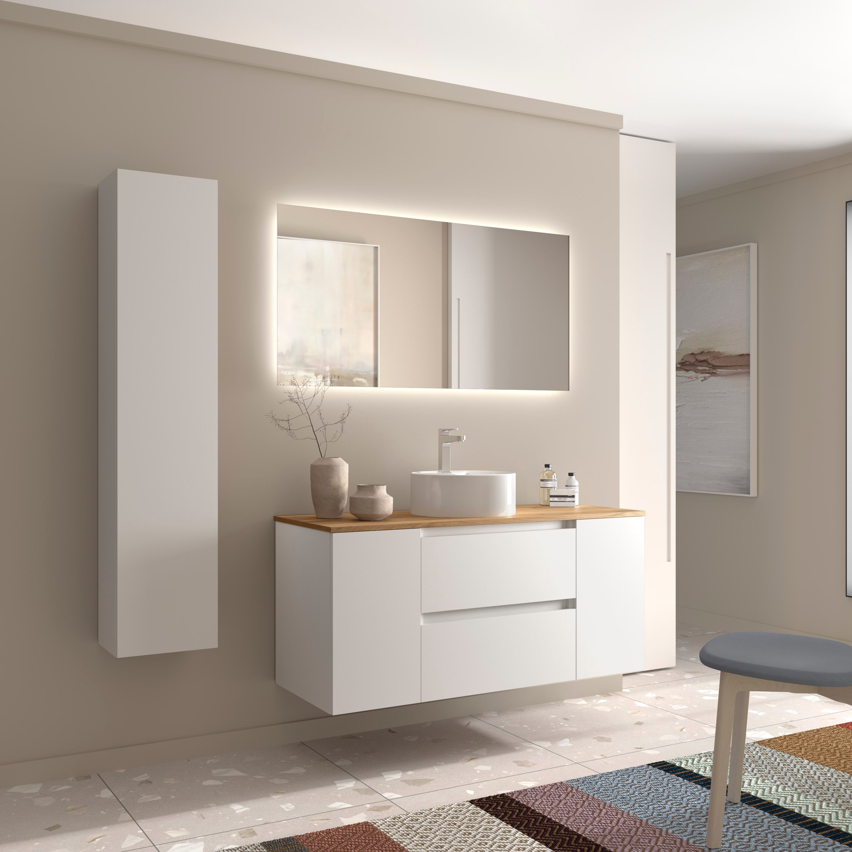 Meuble de salle de bain BEQUIA Plus 120cm Blanc mat | Vasque à poser Porcelaine Centrale - 2