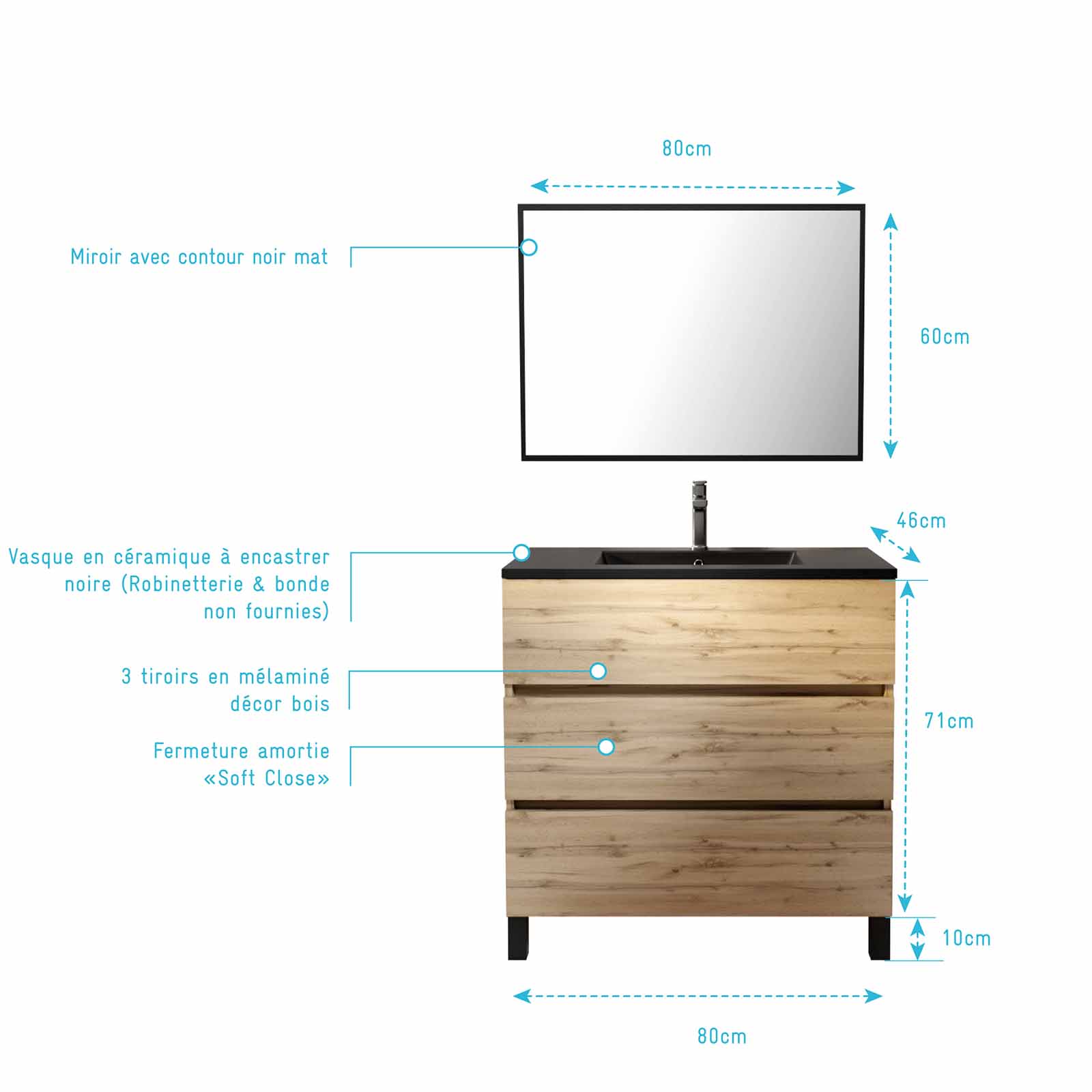 Meuble salle de bains 80cm décor chene naturel 3 tiroirs - Vasque noire et Miroir - TIMBER - 4