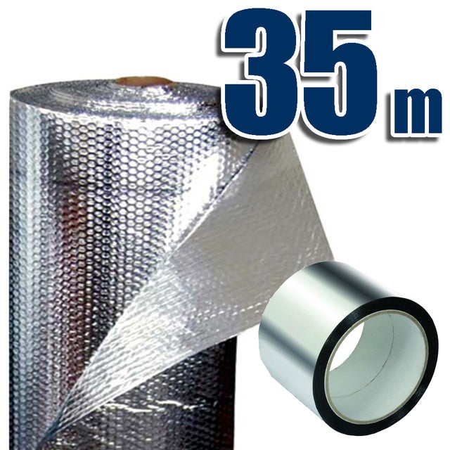 Isolant thermique réfléchissant 100% aluminium et filmé à bulles (35 x 1,20m) + 45m ruban. Froid et chaleur: Maison, caravane, radiateur, garage
