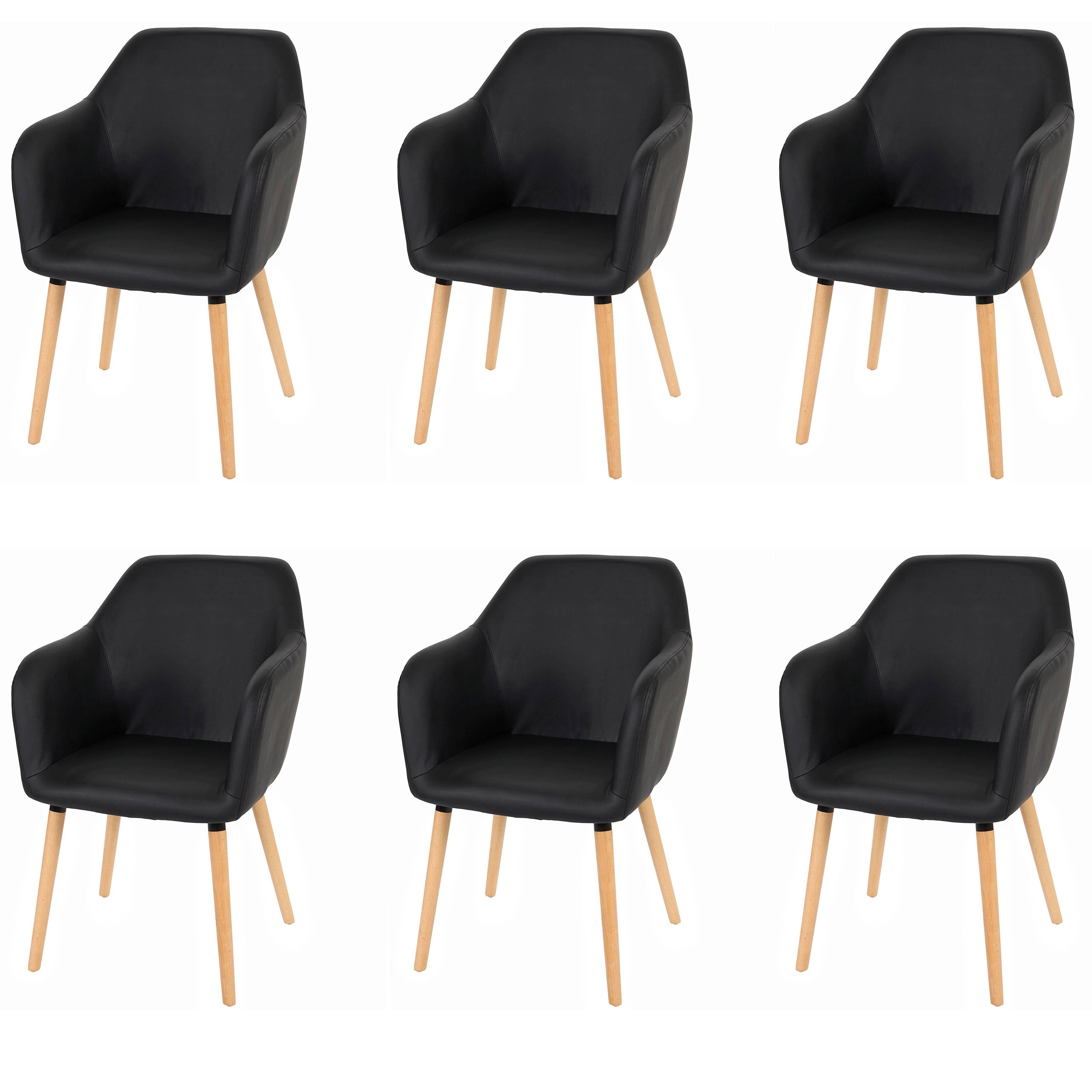 Zestaw 6 krzeseł do jadalni Malmö T381, krzesło kuchenne, design retro 50s ~ imitacja skóry, czarne, jasne nogi