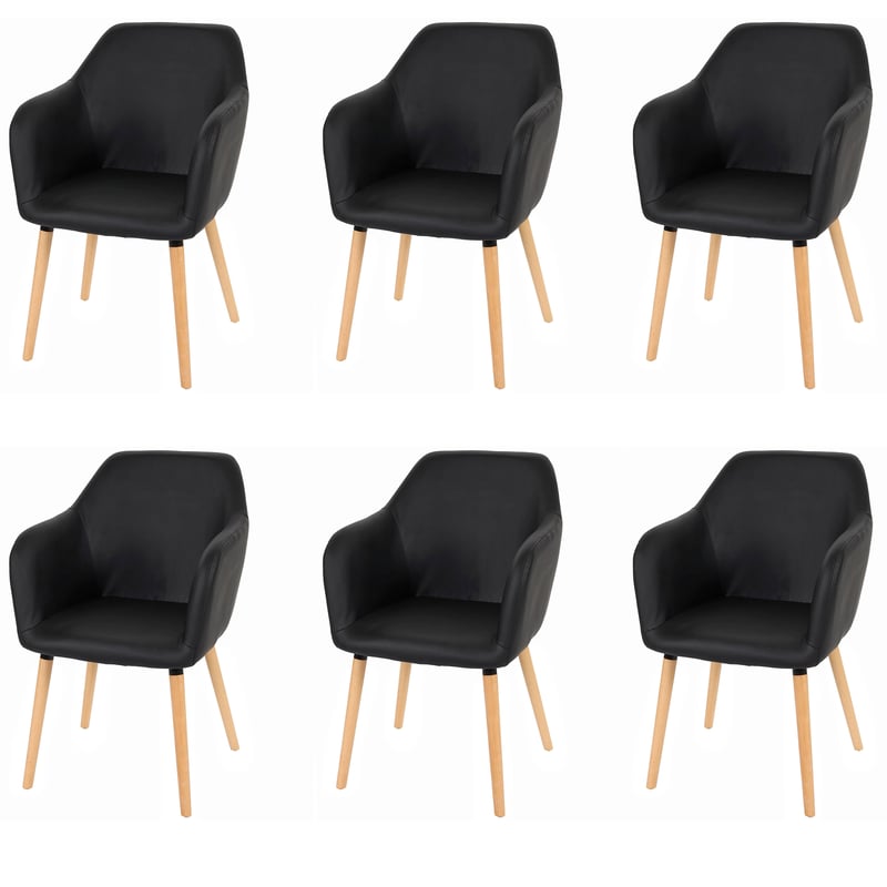 Zestaw 6 krzeseł do jadalni Malmö T381, krzesło kuchenne, design retro 50s ~ imitacja skóry, czarne, jasne nogi