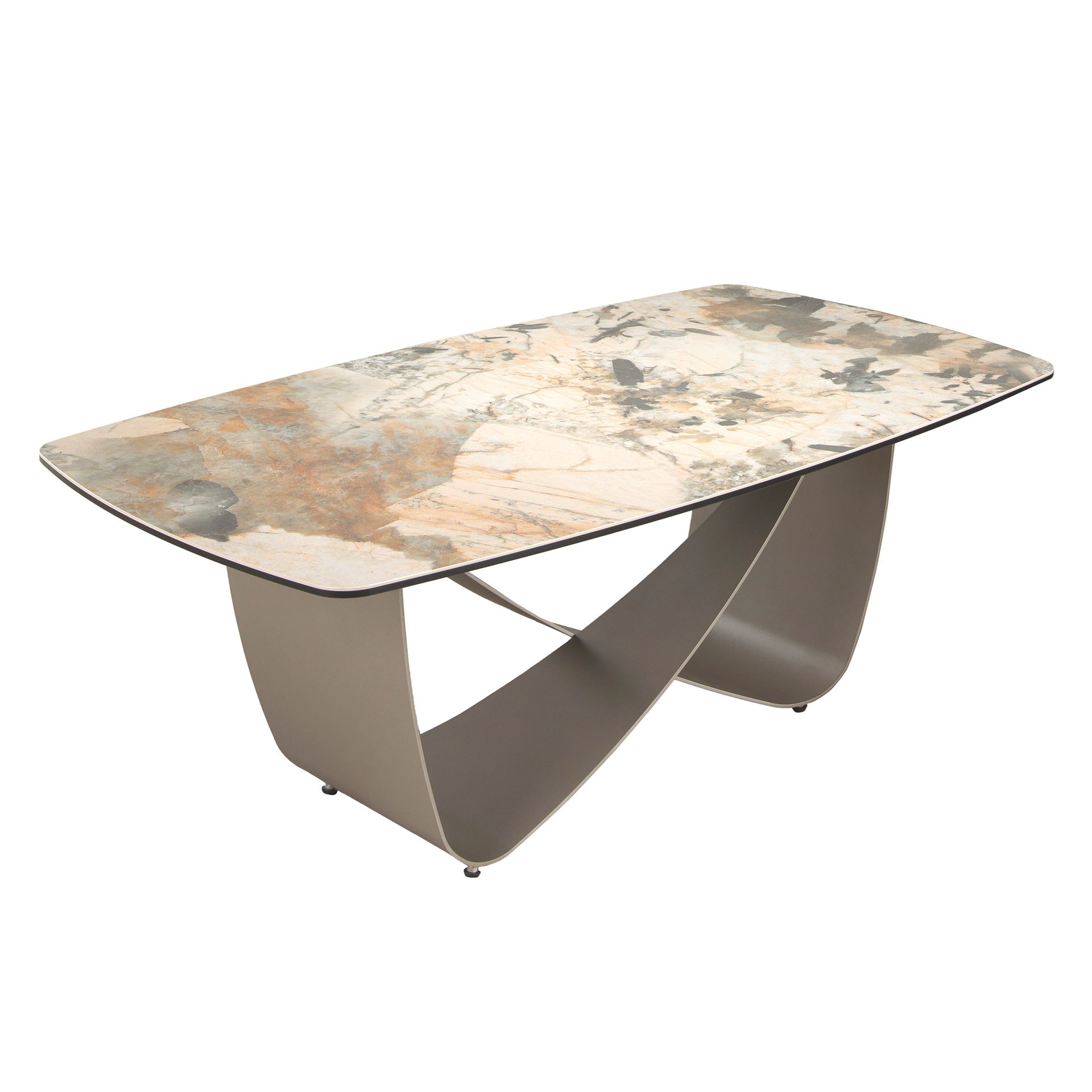 ANGEL CERDA Owalny stolik kawowy z porcelanowego marmuru i metalicznej stali w kolorze taupe