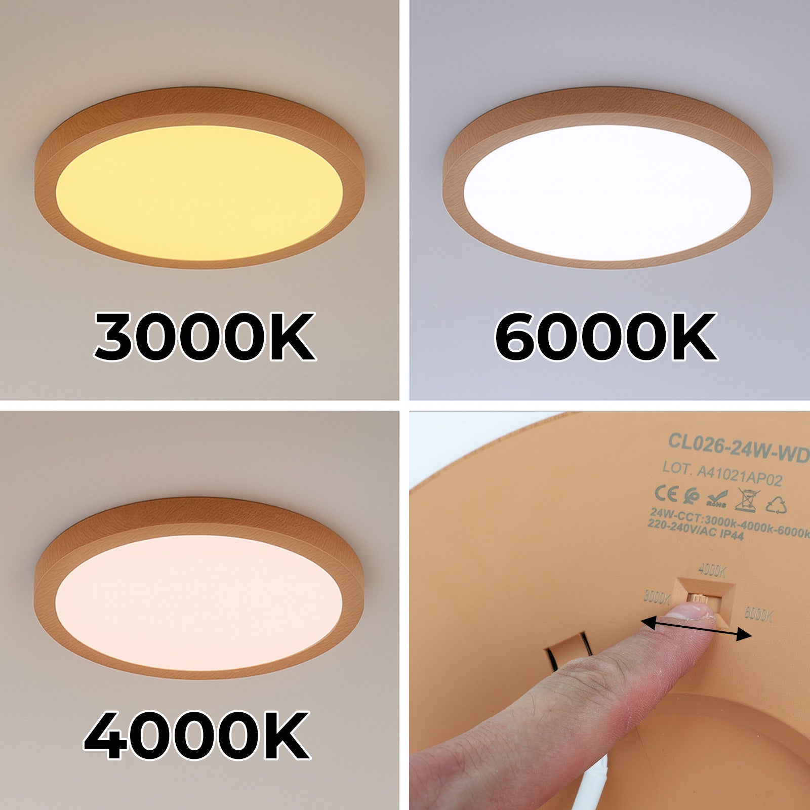 Plafón LED Circular Ø300 mm 24W IP44 empotrable/superficie efecto madera, CCT 3000K-4000K-6000K, corte ajustable Ø65-270 mm, diseño ultrafino 17 mm. - 2