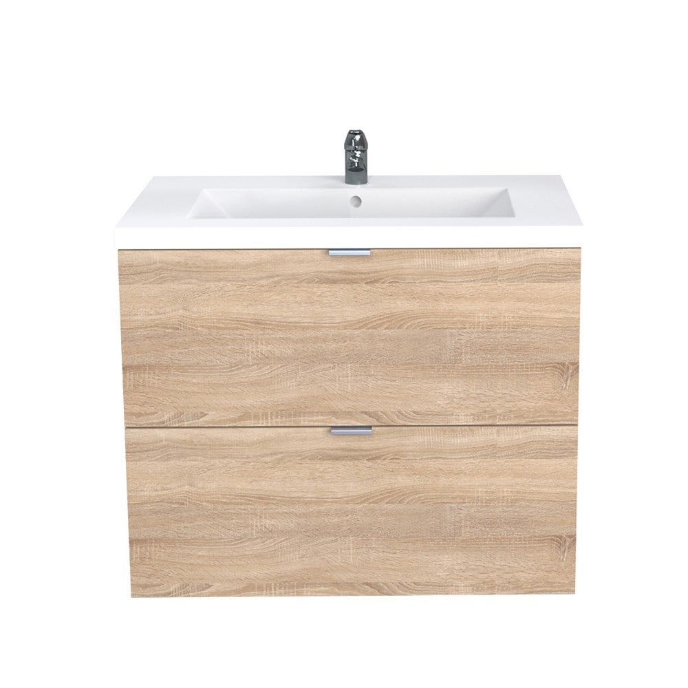 Meuble sous vasque MALAGA 80 cm + vasque + miroir + colonne / Décor Chêne blanchi - 5