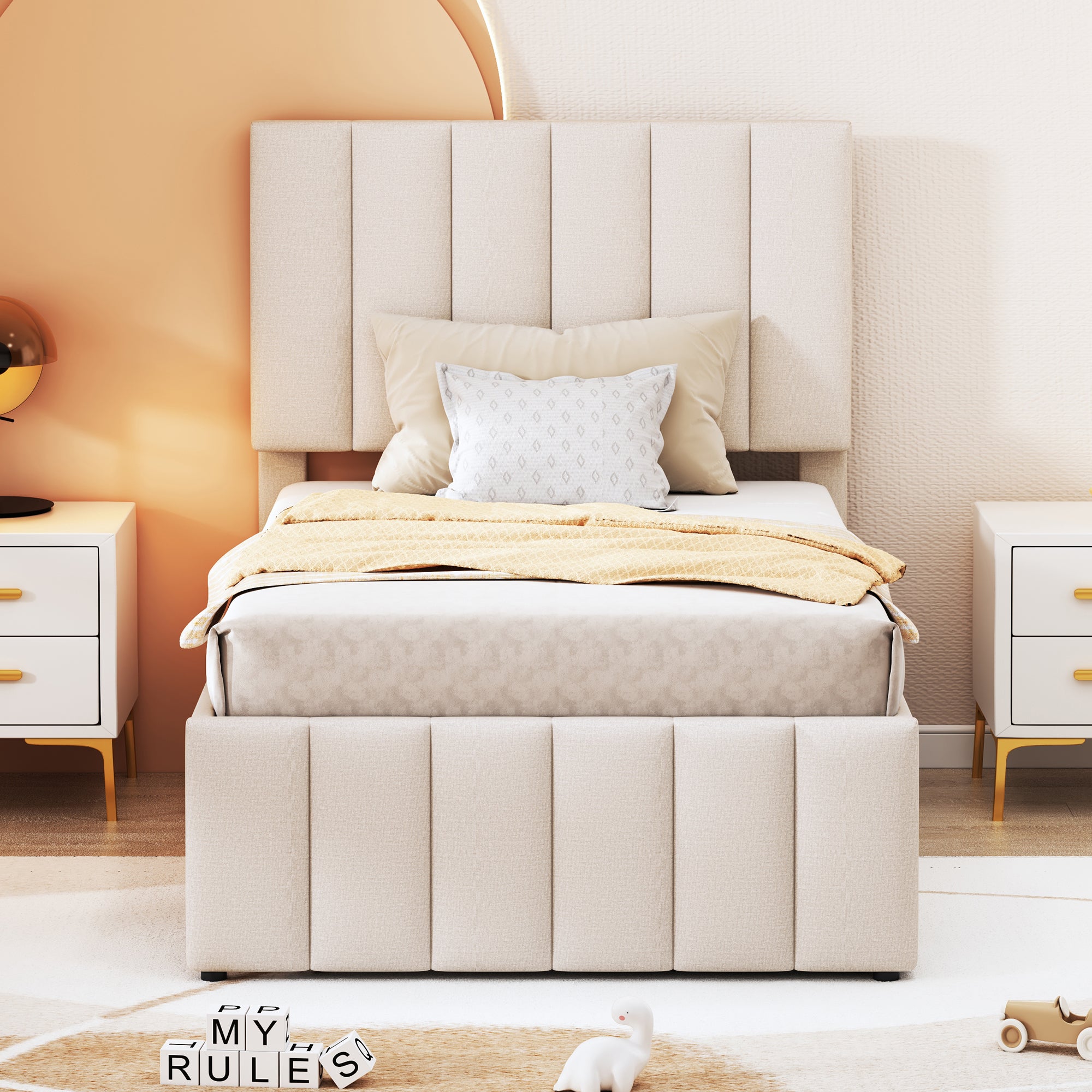 Łóżko tapicerowane w pościeli 90x200cm - z łóżkiem na kółkach i 3 szufladami - Beżowy