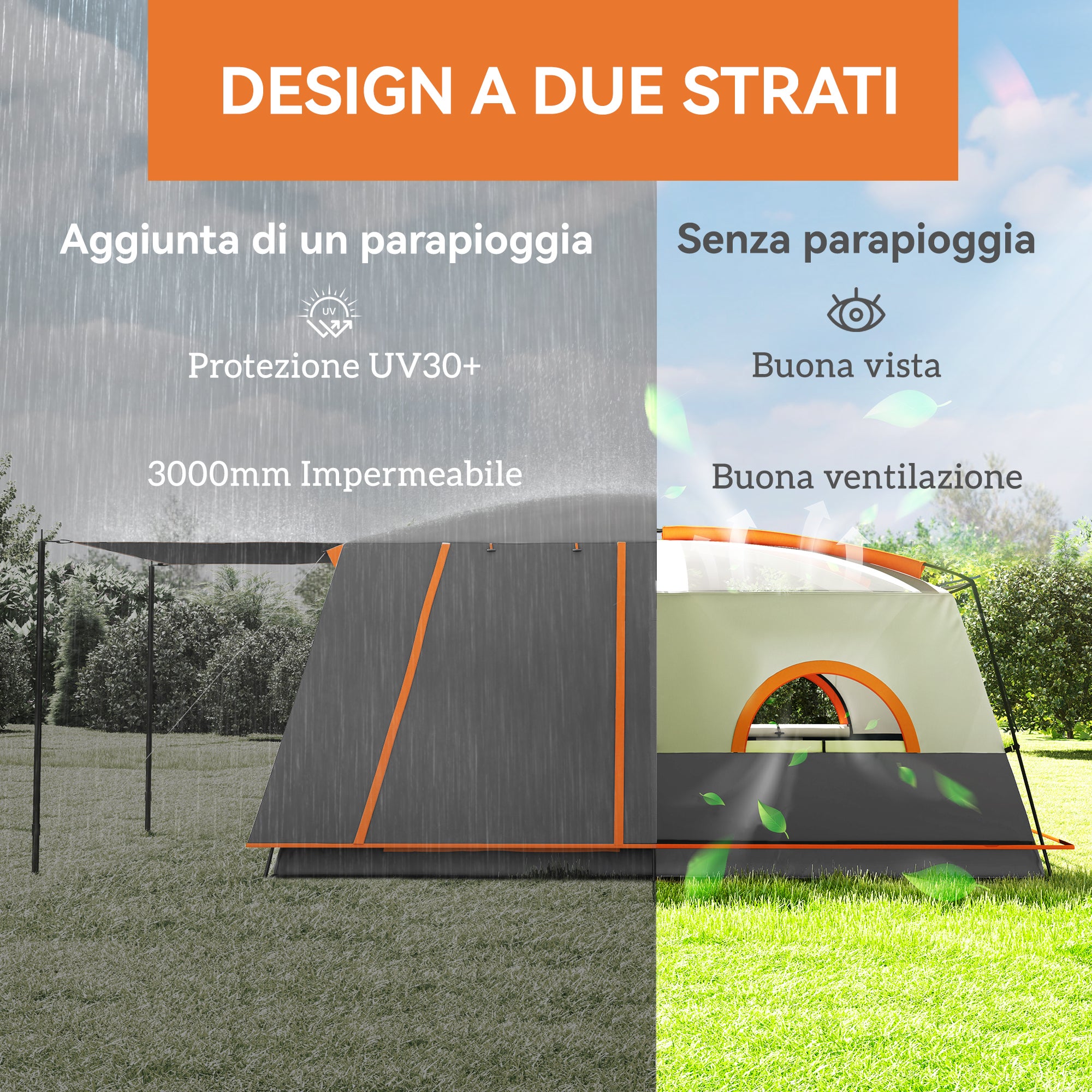 Tente camping 4-6 personnes, 2 chambres et véranda, imperméable UPF30+, sac de transport, gris - 6