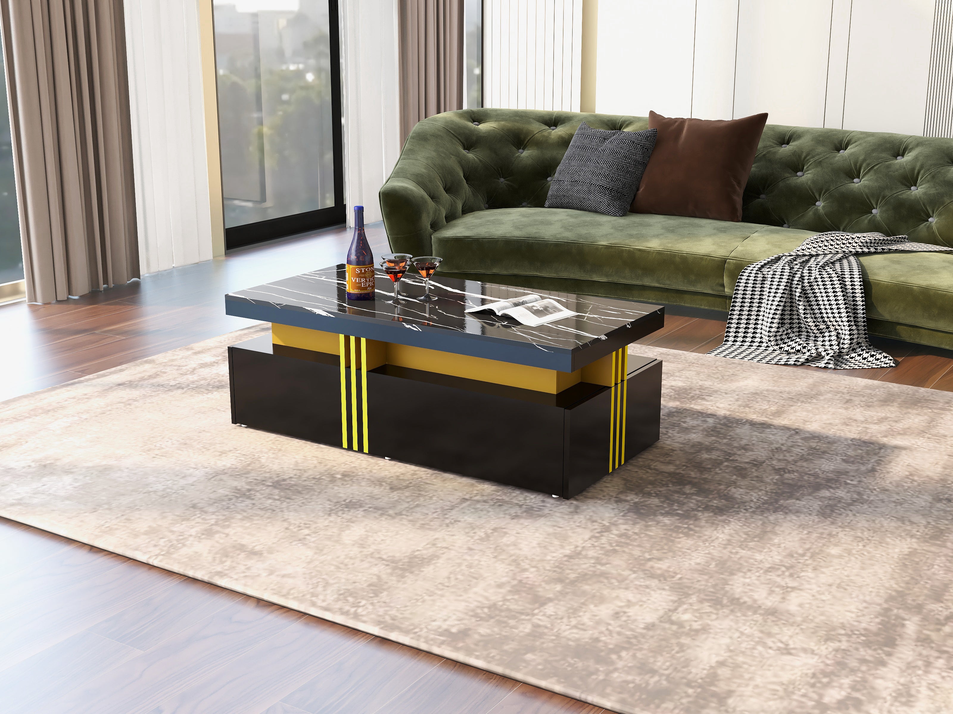 Table basse rectangulaire avec 2 tiroirs - 100x50x40 cm - panneaux de particules - plateau marbré, pour salon - noir - 5
