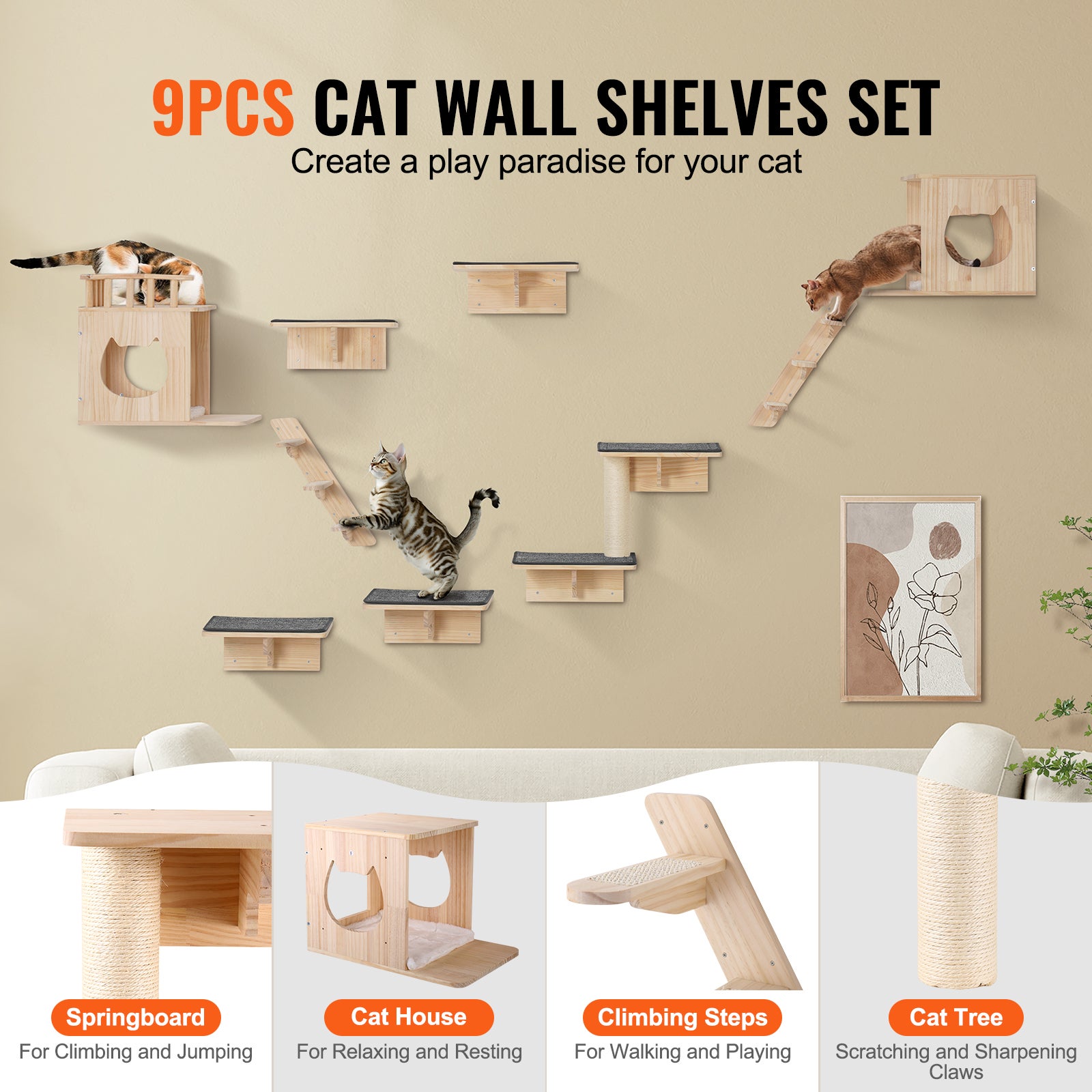 support mural pour chat,ensemble de VEVOR 9 pièces avec plateforme de saut,charge de 40 lb,cadre d'escalade flottant,perchoir pour nid de chat - 2