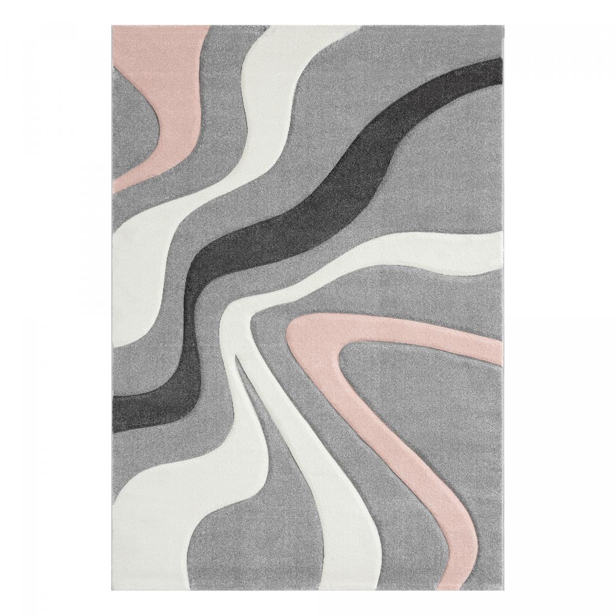 Tapis entrée 60x110 tissé gris et rose rectangle motif rond VAGUE