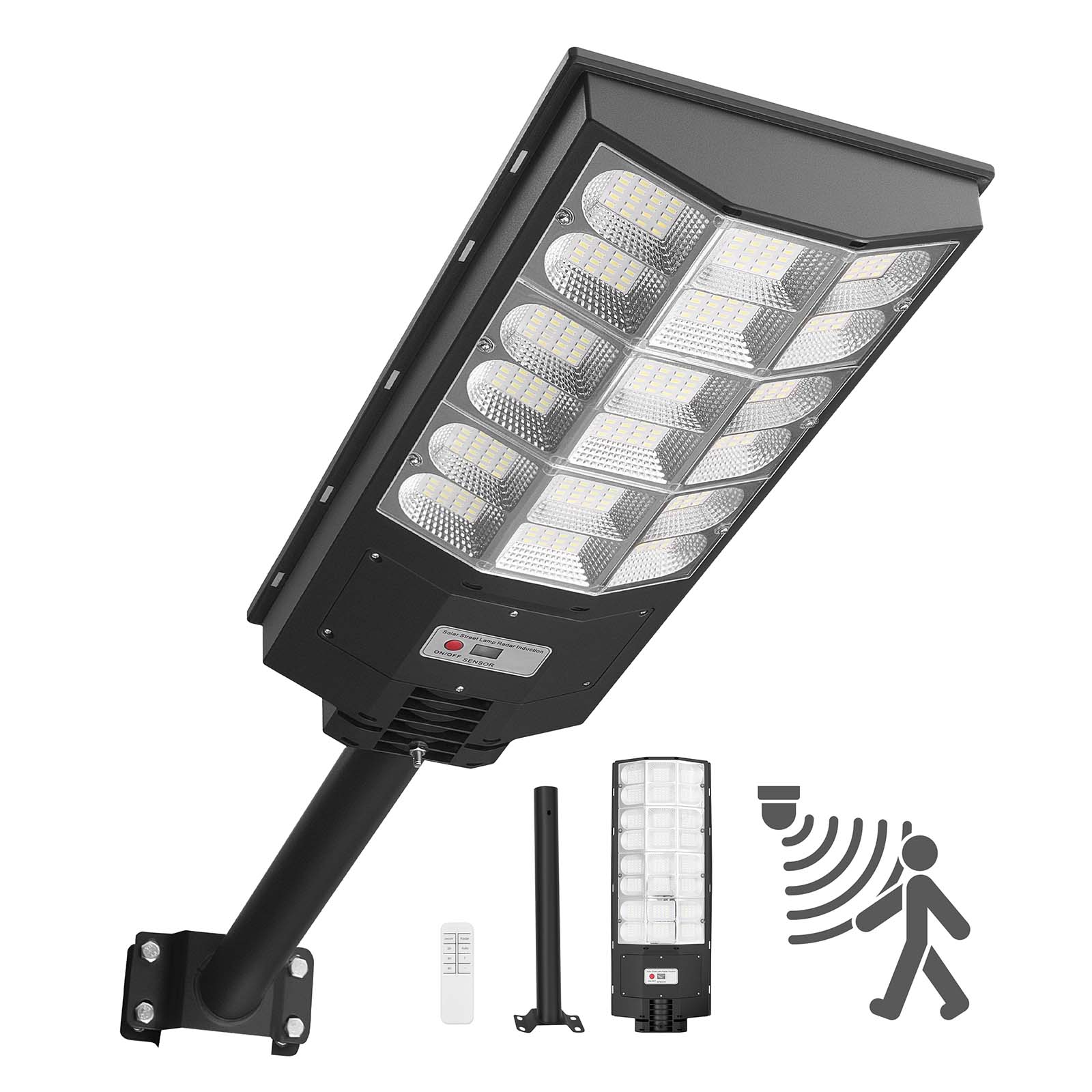 Lampă stradală solară VEVOR de exterior, reflector solar LED de 12.000 W, 900.000 lm, pentru alei, parcări și curți; Include senzor de mișcare