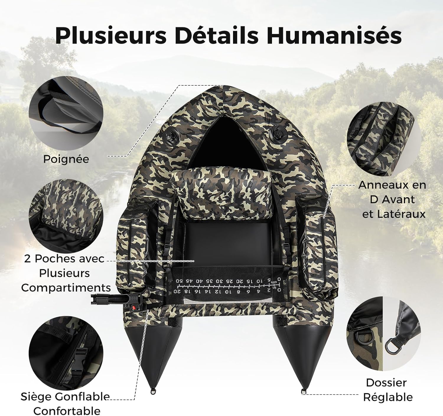Barco de Pesca Inflável com Encosto e Pagaia, Barco Inflável com Régua para Peixes, Suporte para Cana, Bolsos de Armazenamento, Remos e Bomba. - 4