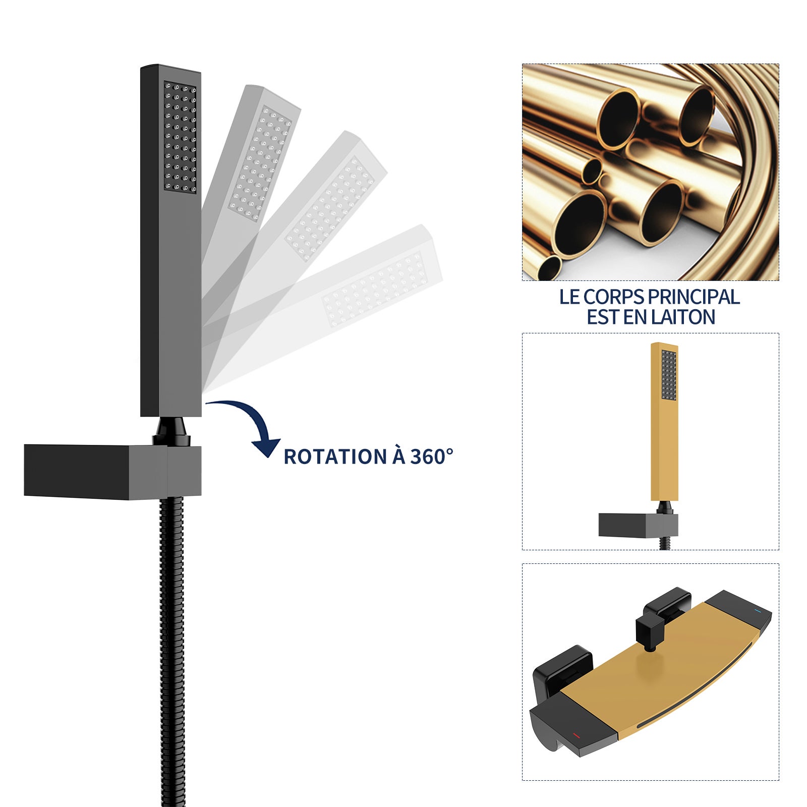 Mitigeur de Baignoire Cascade en Laiton Noir Mat - Robinet Mural Économiseur d'Eau avec Grand Sortie d'Eau, Douchette à Main et Flexible - 4