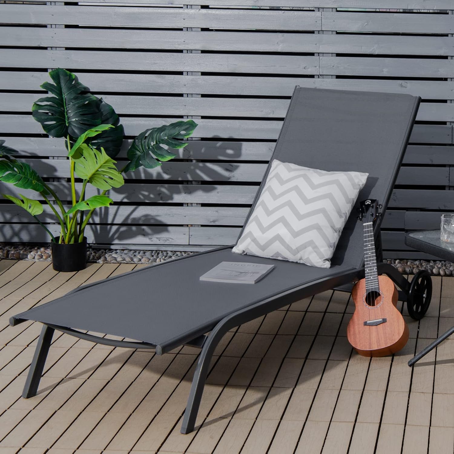 Bain de Soleil Inclinable à Dossier 6 Niveaux, Transat Jardin Exterieur avec Roues, Auvent Réglable, Charge 150 KG (Gris,Style 2) - 7
