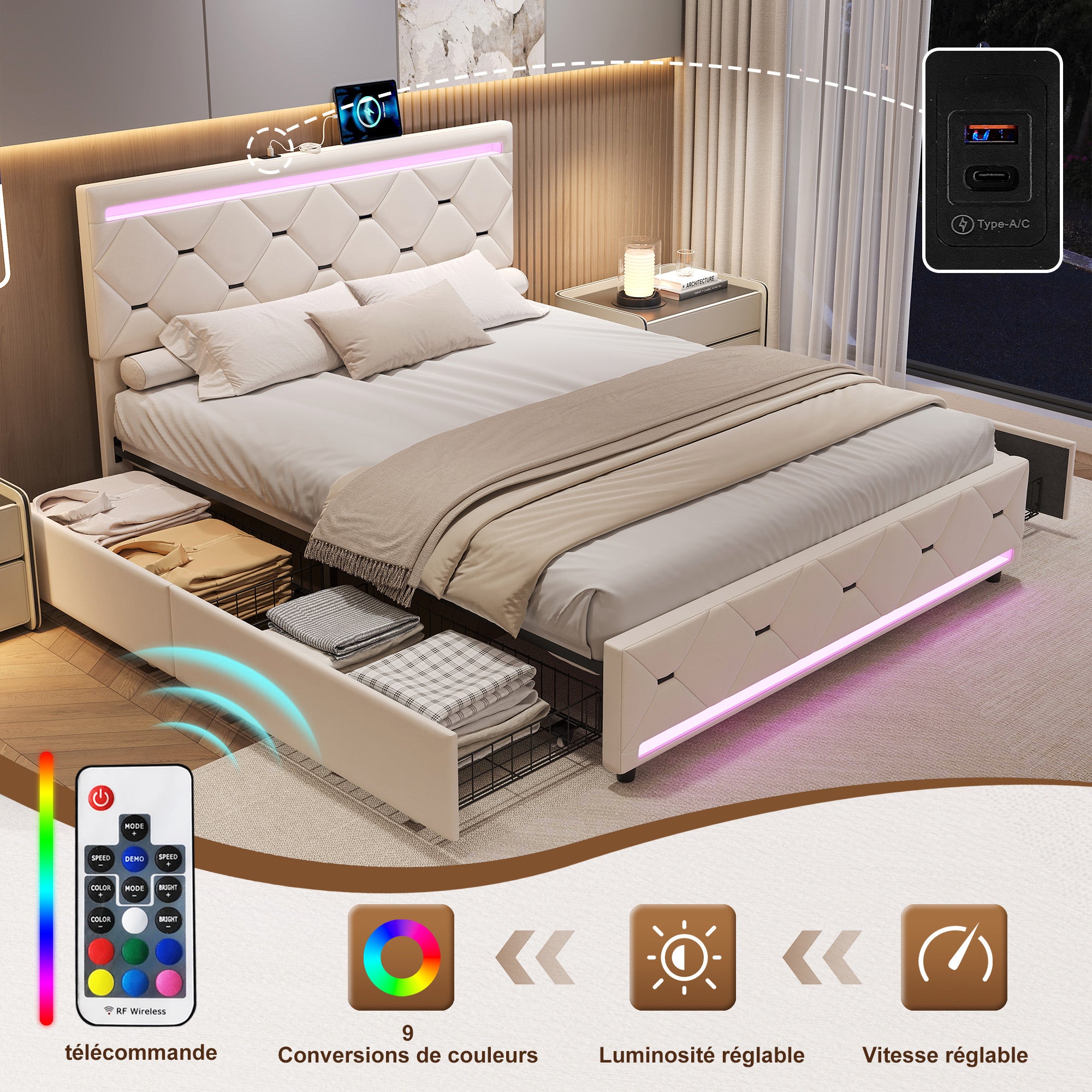 Lit 140x190 cm avec LED et 4 tiroirs, cadre de lit double avec sommier à lattes, lit adulte, tissu en velours, 140x190 cm, blanc cassé - 4