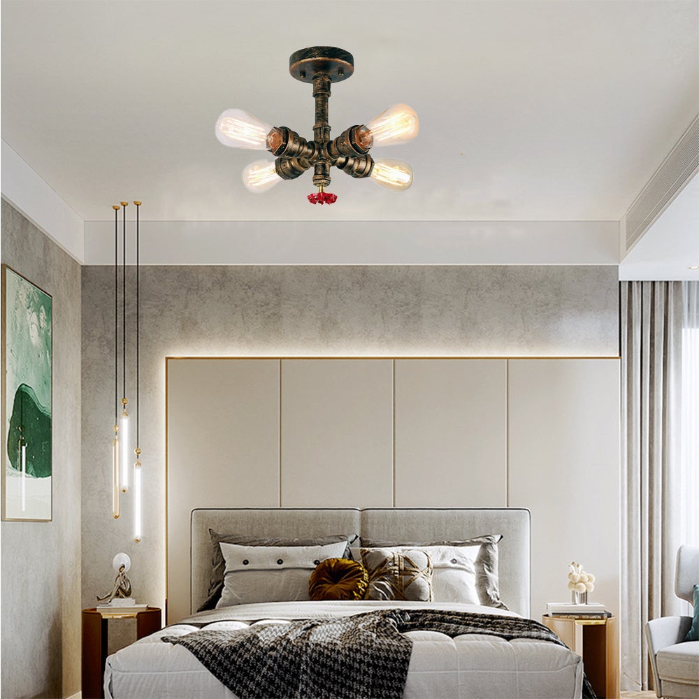 Plafoniera Lampadario Industriale A Sospensione, 4 Luci E27, Metallo Ruggine, Stile Vintage Per Soggiorno - 2