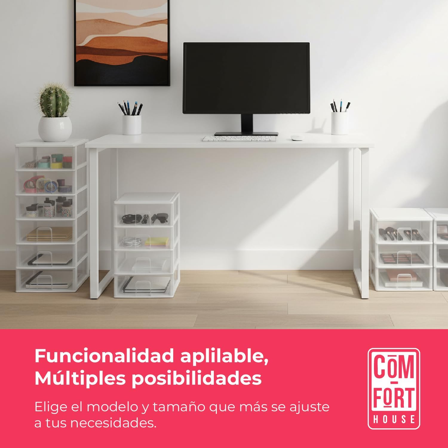COM-FORT HOUSE | Cajonera Apilable de Plástico | Modelo Transparente | Color Blanco | Modelo de 3 Cajones | Cajones de Almacenamiento Modular - 5