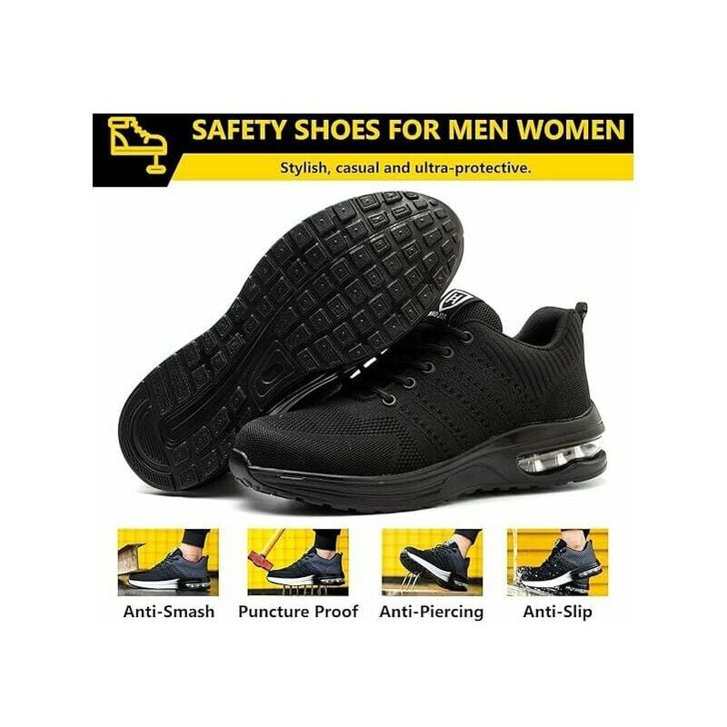 Chaussures de Securité Hommes Femmes Legere Basket de Securite Respirante Confortable Chaussure de Travail avec Embout en Acier Noir Taille 45 - 4