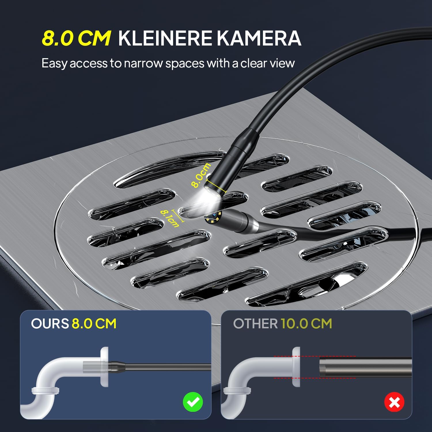 Caméra Endoscopique 1080P HD, Zoom 2X, IP67, Écran 2,4 Pouces, Câble 5M Semi-Rigide, 8 LED Réglables - 3