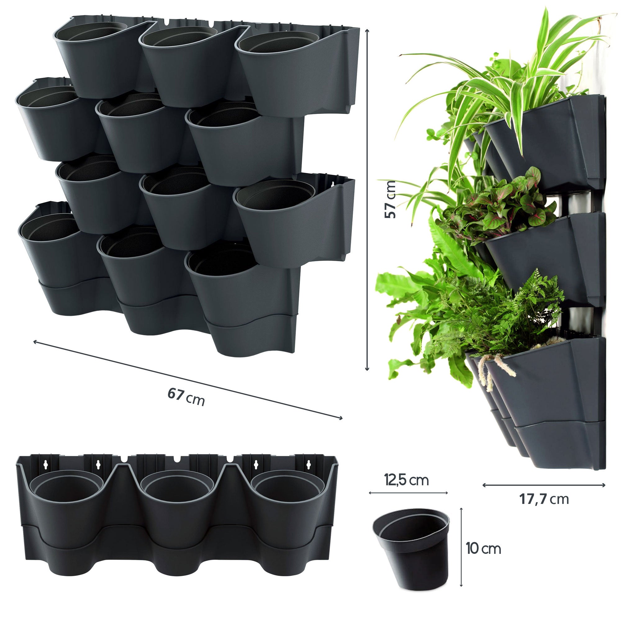 Macetero vertical Prosperplast Cascade Wall de plastico en color antracita 67 (largo) x 17,7 (ancho) x 57 (alto) cm - 3