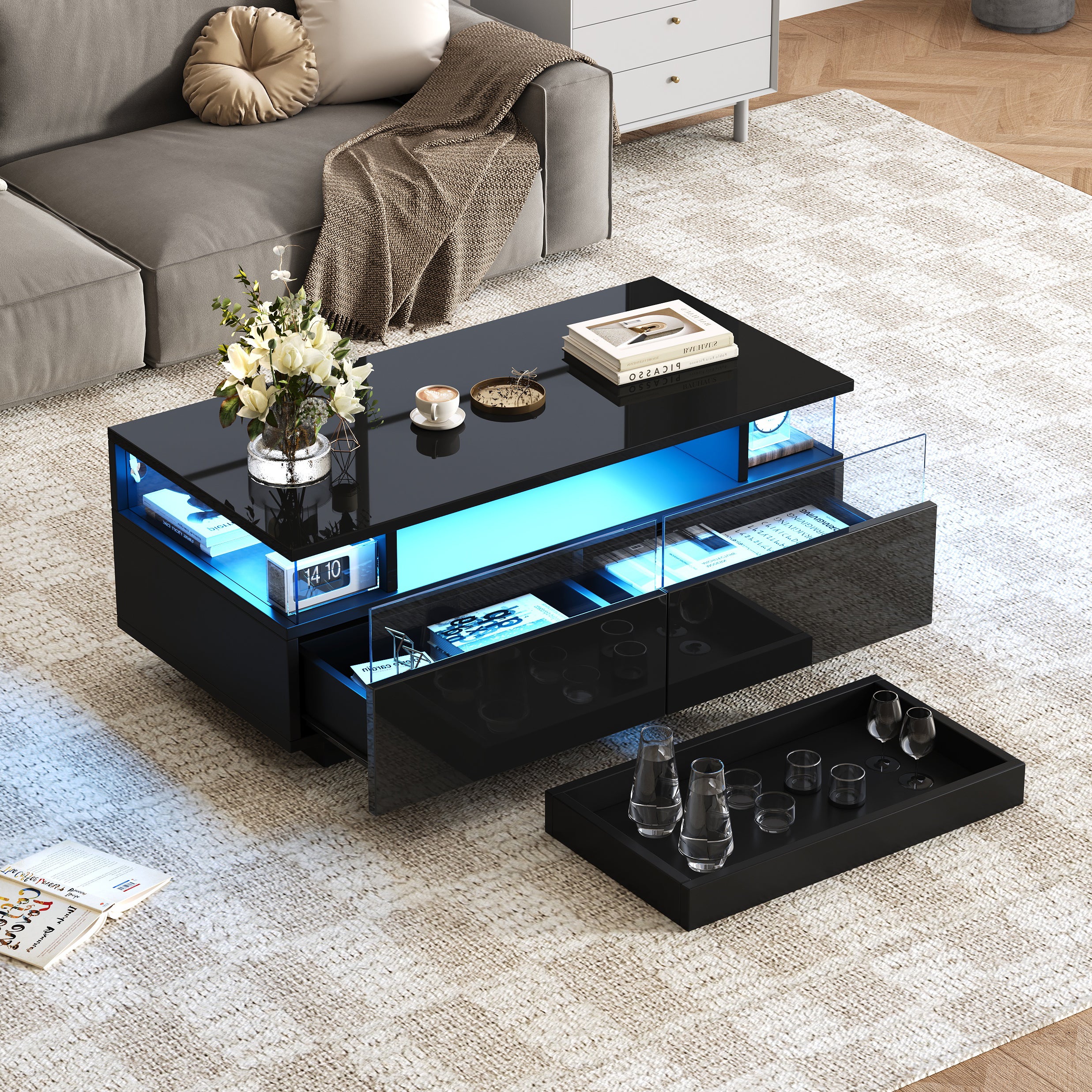 Stolik kawowy z 2 szufladami - 90 x 45 x 35,5 cm - Diody LED - Płyta wiórowa i szkło - Czarny