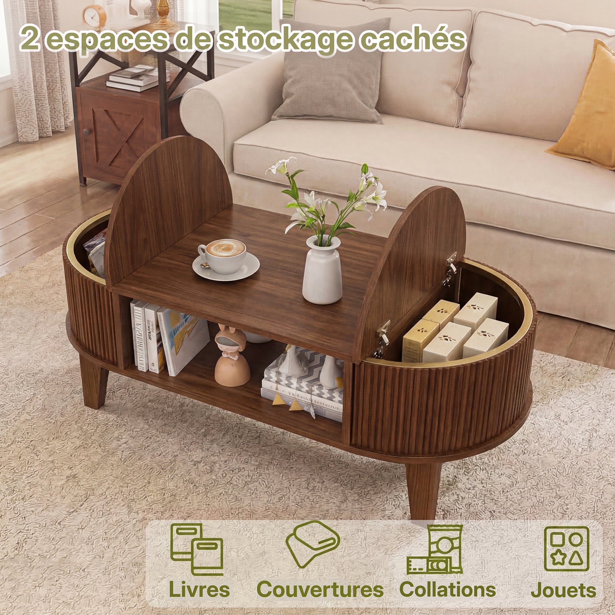 Table Basse avec Compartiments de Rangement,Table d'Appoint Massif Intemporel Style Scandinave Salon Séjour Bureau,Tables Basses en Bois,100x55x40cm - 4
