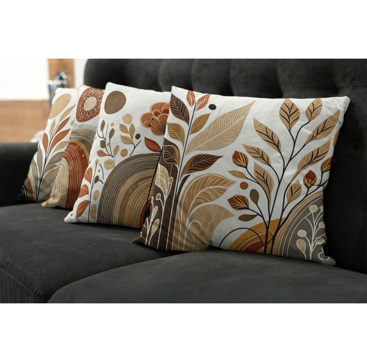 Lot de 4 housses de coussin, bohème abstrait, décoration botanique, taie d'oreiller carrée en lin, décoration d'intérieur 45×45 cm - 3