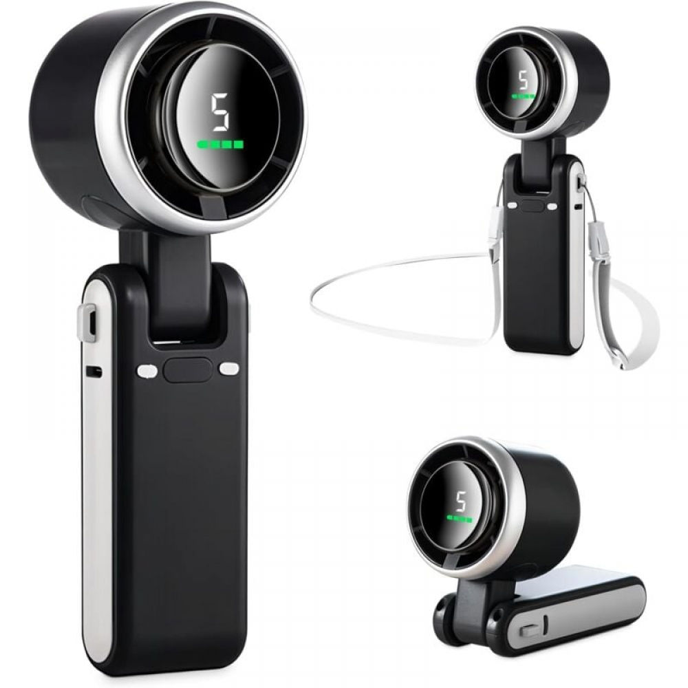 Miniaturowy wentylator przenośny, mały wentylator ręczny/biurkowy/na szyję, 5 wydajnych prędkości i silnik bezszczotkowy, wentylator akumulatorowy 360