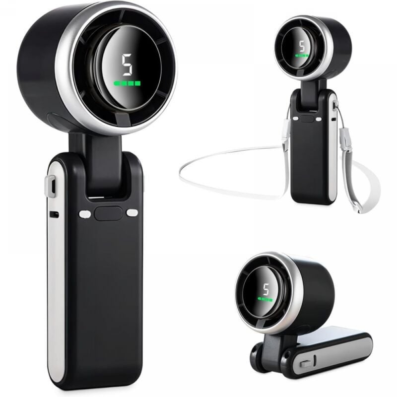 Miniaturowy wentylator przenośny, mały wentylator ręczny/biurkowy/na szyję, 5 wydajnych prędkości i silnik bezszczotkowy, wentylator akumulatorowy 360