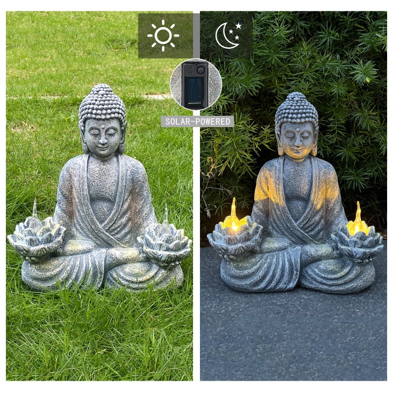 Décoration de statue de Bouddha d'extérieur, ornements de statue de Bouddha de jardin zen, lumières solaires, lotus de Bouddha - 3
