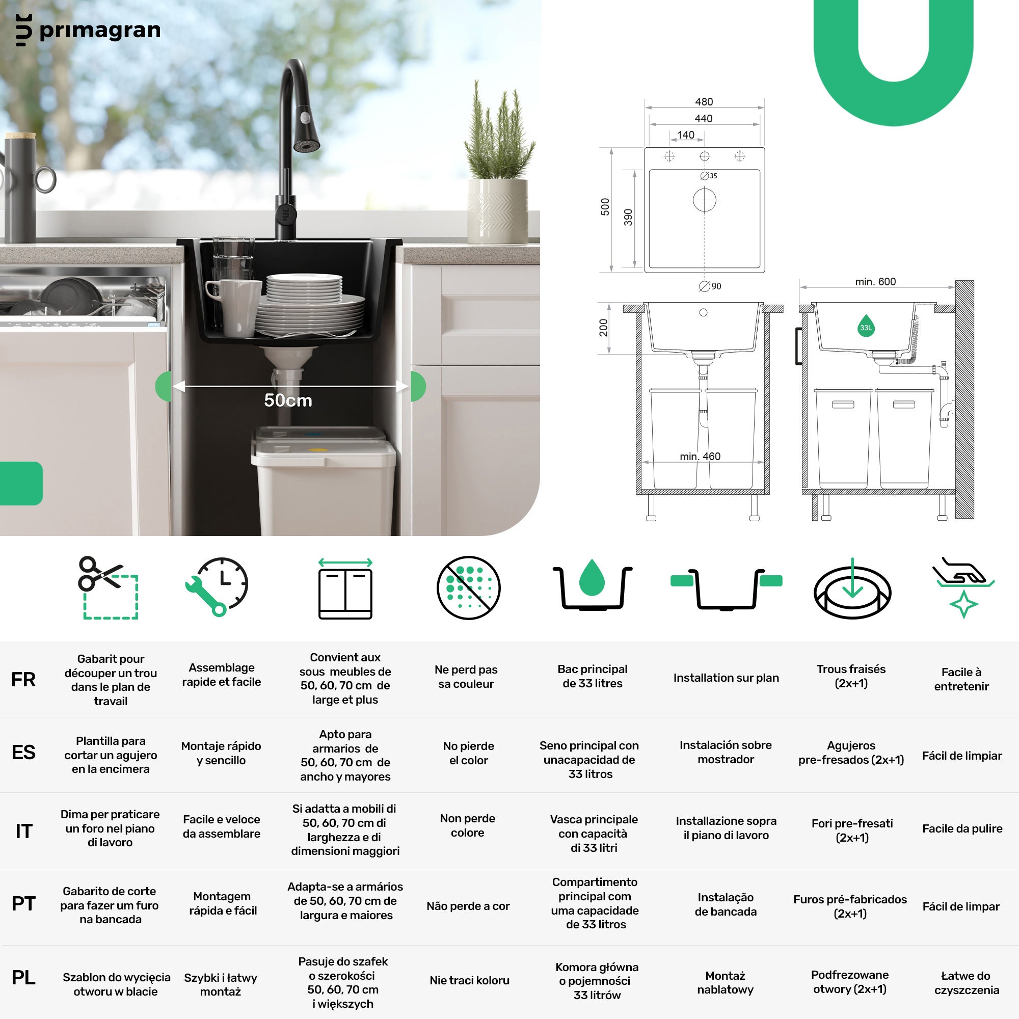 Lavello da Cucina Bianco 48x50cm, Lavandino in Granito a 1 vasca + Sifone Classico, Lavabo da Cucina Incasso al mobile 50cm - Riga PRIMAGRAN - 6