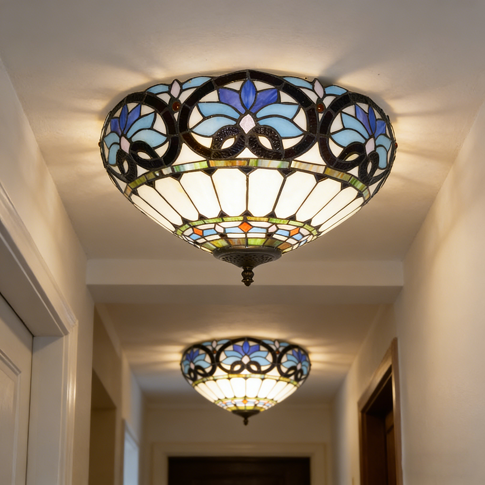Plafonnier Tiffany, Lustre encastré, Suspension en verre, Éclairage d'entrée LED, Lampadaire LED rétro, φ40 cm (ampoule non incluse) - 7